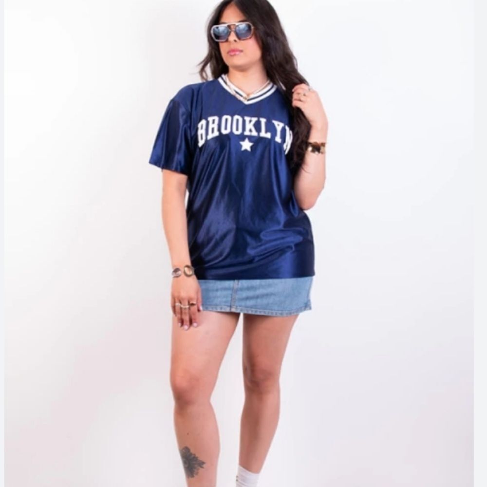 Blue Brooklyn Jersey Top Medium Navy Blue White Unisex Women Men